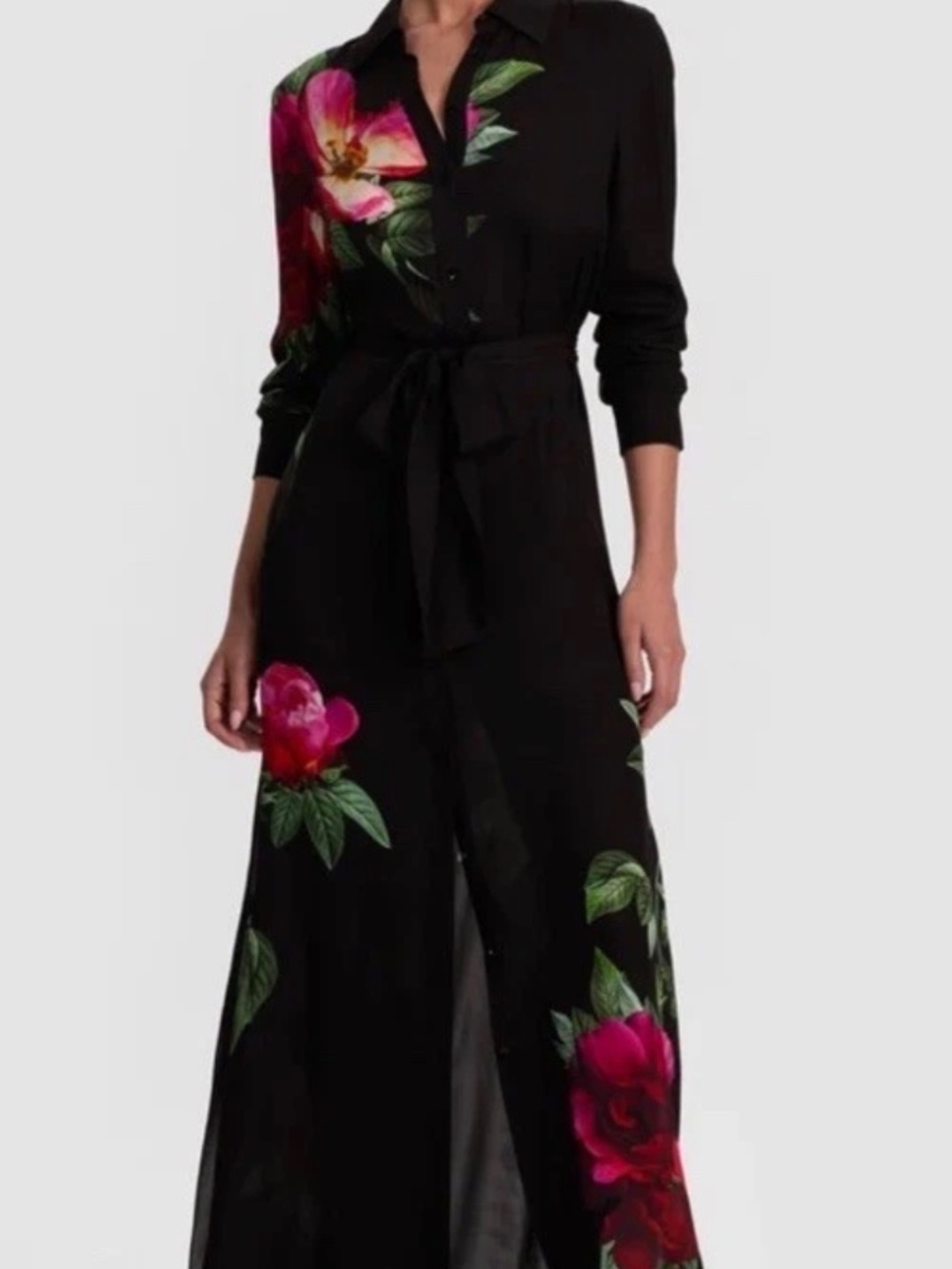 Alice + Olivia Chassidy Maxi Shirt Dress Empress Bloom Black Sz M NWT
